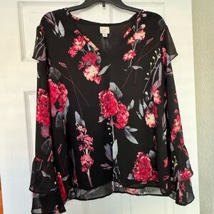 a new day Black Floral V-Neck Blouse with Flowers